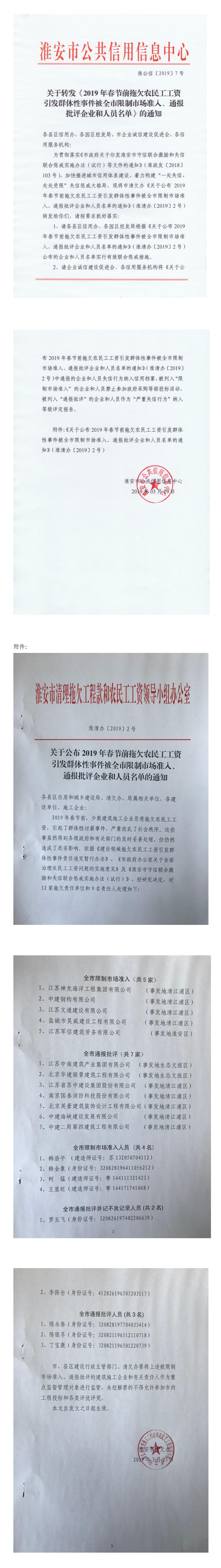 淮安市关于转发《2019年春节前拖欠农民工工资引发群体性事件被全市限制市场准入、通报批评企业和人员名单》的通知